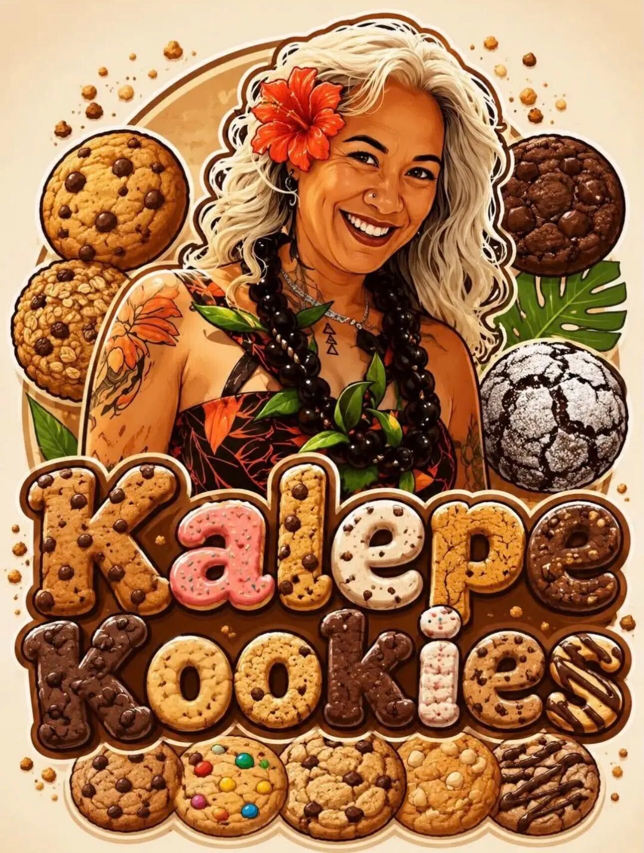 Illustrated poster of Aunty Kalepe grinning widely, silver hair with a red hibiscus, floral sleeve tattoo and kukui-nut lei, framed by cookies and the words Kalepe Kookies in cookie letters