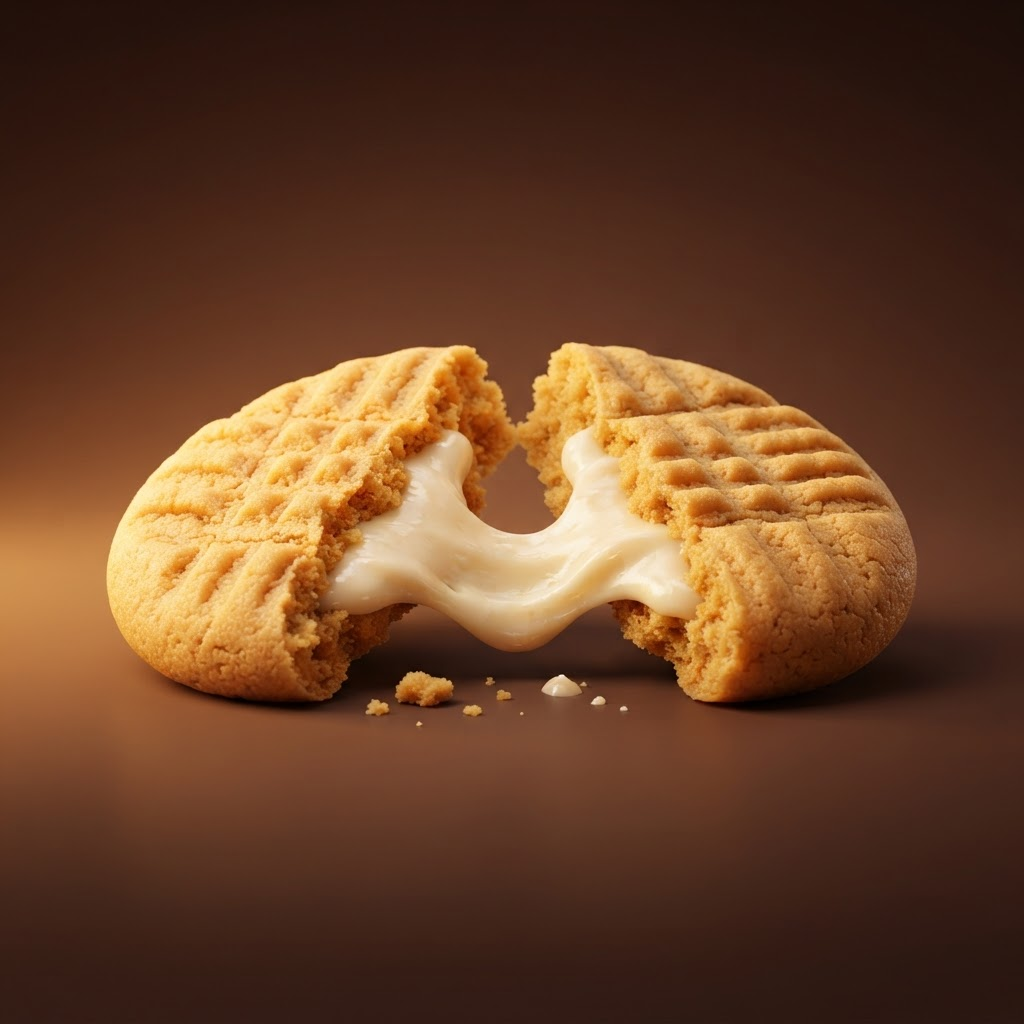 Nuddabudda peanut-butter sandwich kookie broken open to show thick pale Kalepe Kreme filling